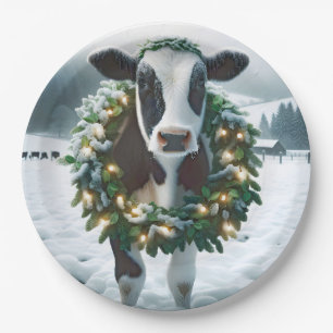 Koe draagt een kerstkrans papieren bordje