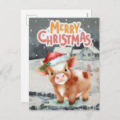 Koe draagt kerstmuts op winternacht uitzicht feestdagenkaart (Voorkant / Achterkant)