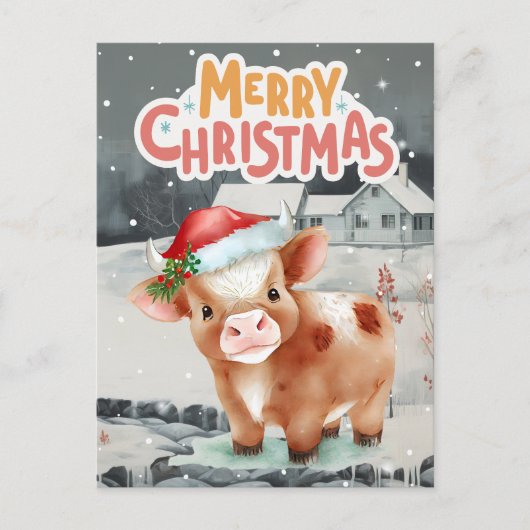 Koe draagt kerstmuts op winternacht uitzicht feestdagenkaart (Voorkant)
