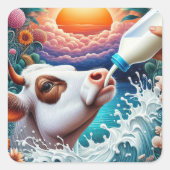 Koe drink melk vierkante sticker (Voorkant)
