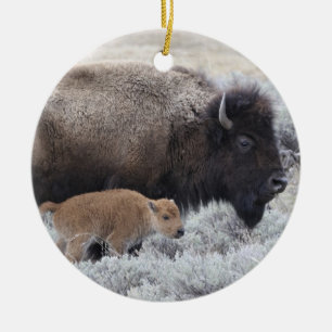 Koe en kalf Bison, geelsteen Keramisch Ornament