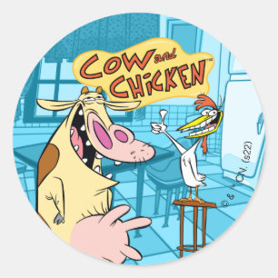 Koe en kip glimlachend grafisch ronde sticker