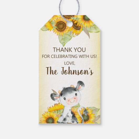 Koe en zonnebloemen meisje verjaardag dank je labe cadeaulabel (Voorkant)