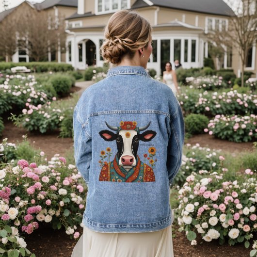 Koe Floral Folk Art gepersonaliseerd Denim Jacket (Huwelijk Achterkant)