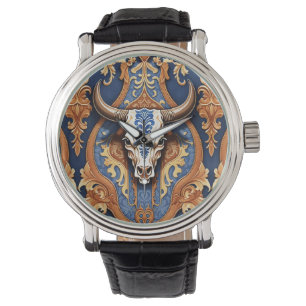 Koe Head Western Gereed Leather Damask Horloge