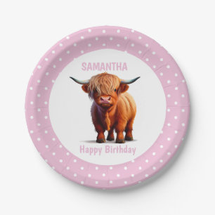 Koe Highland Roze Ballonnen Poke Stippen Papieren Bordje