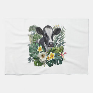Koe in Floral Oerwoud Png, Tropische Koe Theedoek