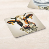 Koe in geld vierkante kartonnen onderzetter (Schuin)