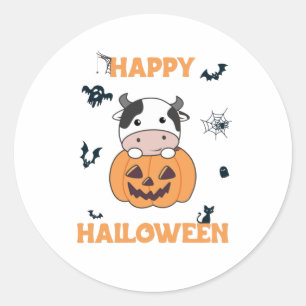 Koe in pomkin Cute Koeien Happy Halloween Ronde Sticker
