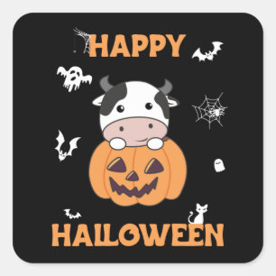 Koe in pompoen schattige Koeien happy halloween sq Vierkante Sticker