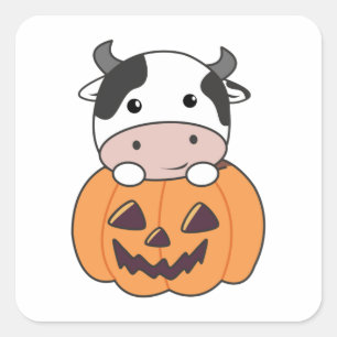 Koe in pompoen schattige Koeien happy halloween sq Vierkante Sticker