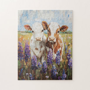 Koe Kalveren Lupine Bloemen Schilderen Legpuzzel