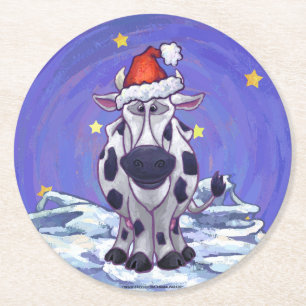 Koe kerst ronde kartonnen onderzetter