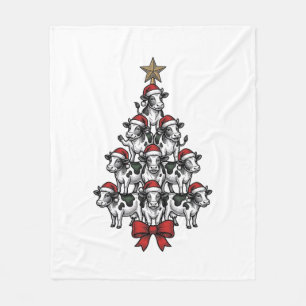 Koe Kerstboom Vintage Gravure Vakantie Boerderij Fleece Deken