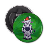 Koe Kerstmis op groen Button Flesopener (Voorkant)