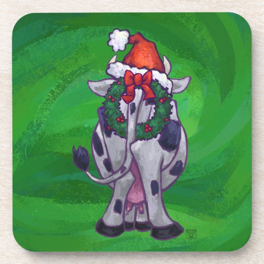 Koe Kerstmis op groen Onderzetter (Voorkant)