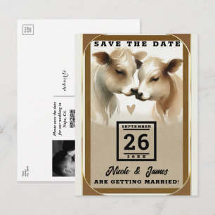 Koe Love Brown Cream Country Wedding Save the Date Aankondigingskaart