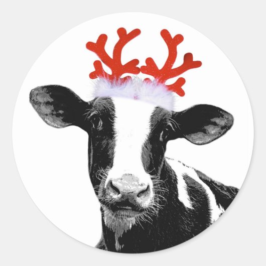 Koe met rendierAntlers Ronde Sticker (Voorkant)