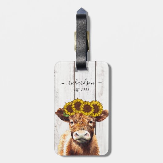 Koe met zonnebloempittenstaart Canvas tas Bagagelabel (Achterkant verticaal)