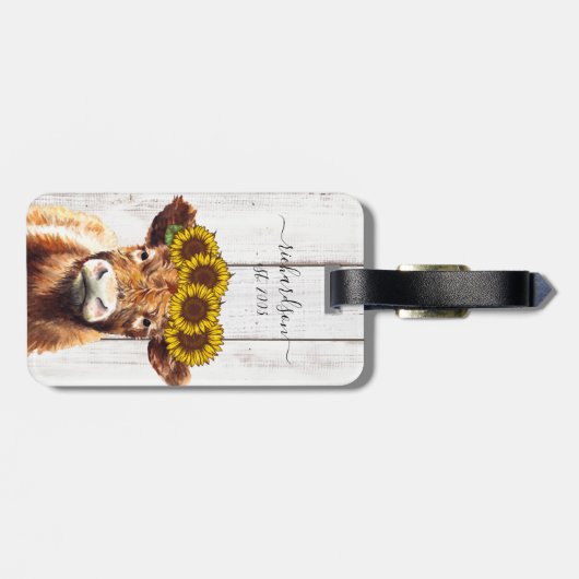 Koe met zonnebloempittenstaart Canvas tas Bagagelabel (Achterkant horizontaal)