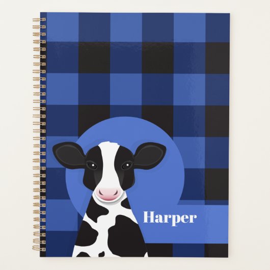 Koe Naam Blauw Plaid Dierenpatroon Planner (Voorkant)