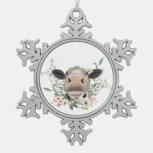koe neus kus bloemen waterverf grijs boerderij die tin sneeuwvlok ornament