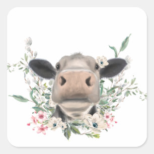 koe neus kus bloemen waterverf grijs boerderij die vierkante sticker