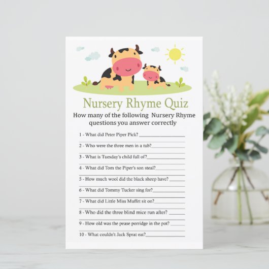 Koe Nursery Rhyme Quiz baby shower game (Staand voorkant)