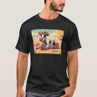 Koe ontspannen op het strand met zonnebril en Pet T-shirt