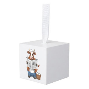 Koe op toilet PNG, Grappig boerderijdier Kubus Ornament