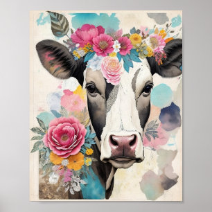 Koe Portret Floral Mixed Media Collage Poster