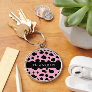 Koe Print, Koe Vlekken, Roze Koe, Jouw naam Sleutelhanger