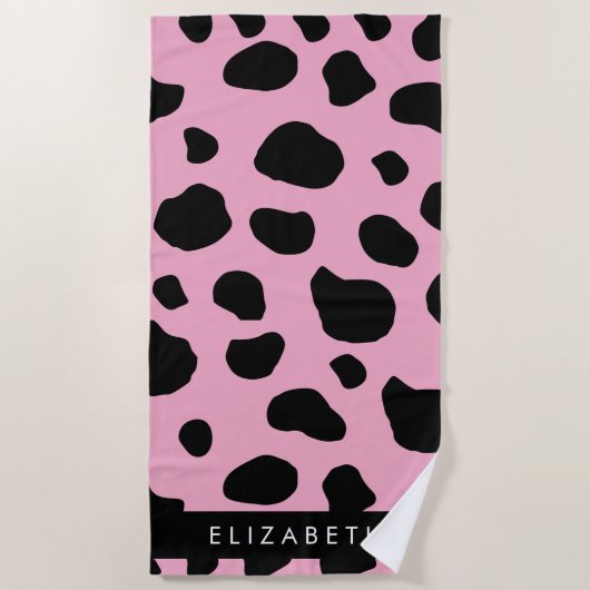 Koe Print, Koe Vlekken, Roze Koe, Jouw naam Strandlaken (Voorkant)