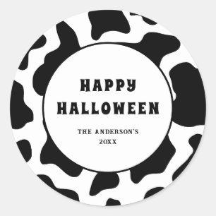 Koe Print Zwart & Wit Happy Halloween Ronde Sticker