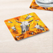 Koe schedel en vuur vierkante kartonnen onderzetter (Schuin)