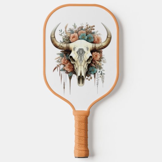 Koe Skull Peach & Soft Blue Flowers Mooi Pickleball Paddle (Voorkant)
