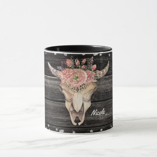 Koe Skull Rustic Glitter Glam Gepersonaliseerde Bo Mok (Midden)