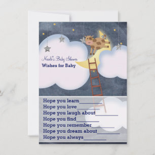 Koe springt over maan wensen voor baby shower spel advieskaart