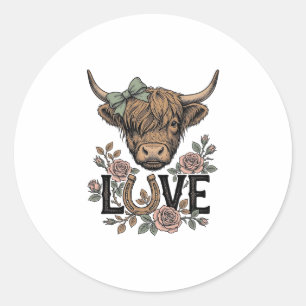 Koe van de Hooglanden Liefde Vintage Bloemenslinge Ronde Sticker