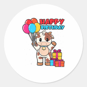 Koe Verjaardag Ballon Theme Catleman Boer Schattig Ronde Sticker