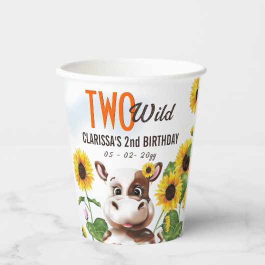 Koe Zonnebloemmeisje Tweede verjaardag Papieren Bekers (Voorkant)