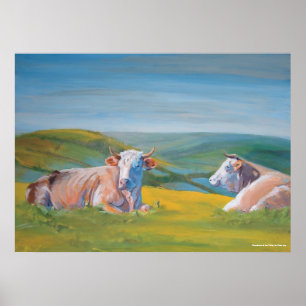Koeien die liggen en landschapsvallei schilderen poster