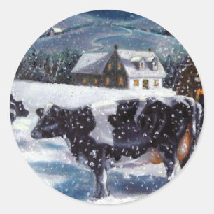 KOEIEN: KERSTMIS: SNEEUW: KUNST: HOLTEIN RONDE STICKER