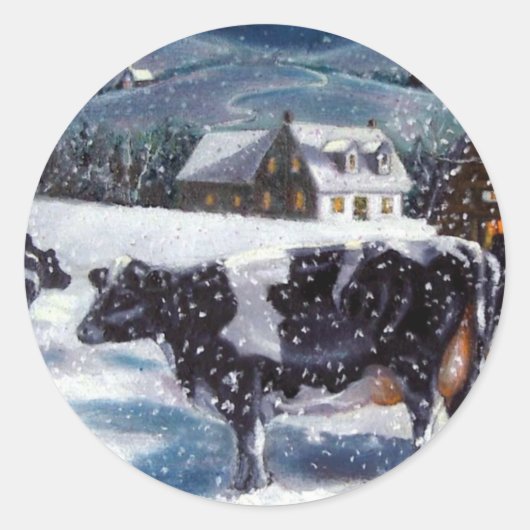 KOEIEN: KERSTMIS: SNEEUW: KUNST: HOLTEIN RONDE STICKER (Voorkant)