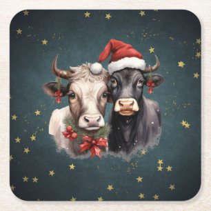 Koeien voor kerstmis vierkante kartonnen onderzetter