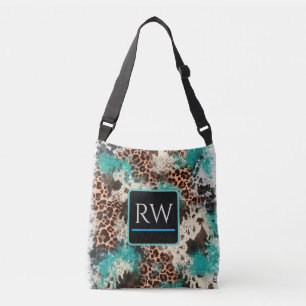 Koeienhuid Luipaard Print Turquoise Canvas tas