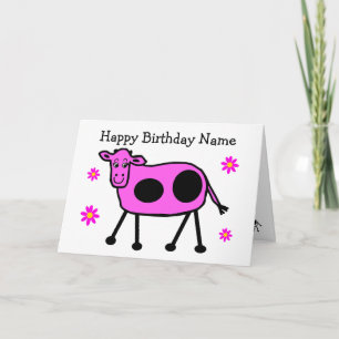 Koeienroze en bloemen Cartoon Birthday Kaart