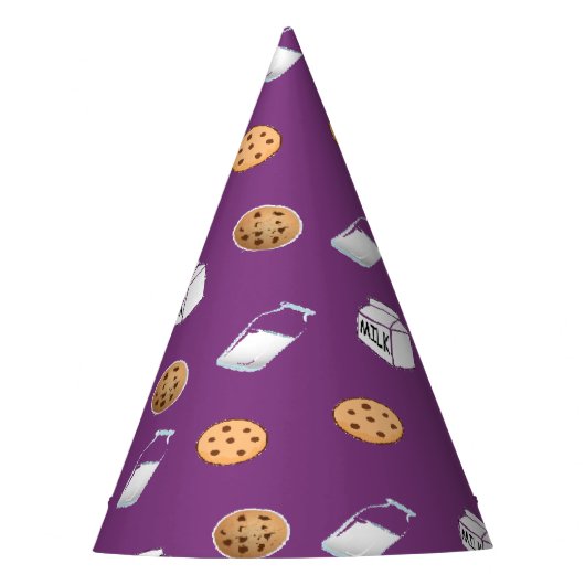 Koekjes en melk op paarse feesthoedjes (Voorkant)