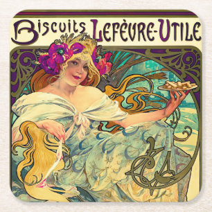 Koekjes Lefevre-Utile van Alphonse Mucha (1896) Vierkante Kartonnen Onderzetter