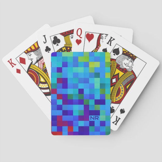 Koel 8-bit Pixel Patroon Geeky Blauw Rood Monogram Pokerkaarten (Achterkant)